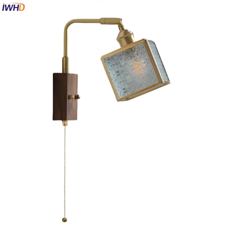 

IWHD Modern Simple LED Wall Lights Balcony Cafe Dining Room Walnut Wood Cube Glass Pull Chain Switch Bedside Lamp Aplique Pared