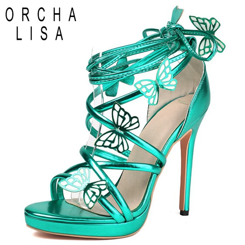 ORCHA LISA Sexy Open Toe Women Sandals Cross Strap Party Thin Stiletto Heel Big Size 30 46 47 48 49 50 Silver Green Red