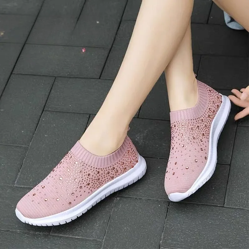 Large Size Rhinestone Elastic Socks Shoes Casual Women\'s Flying Woven Breathable Lightweight Casual Thick-soled Shoes