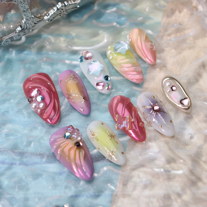 Summer Dopamine Press On Nails Handmade 3D Colorful Gemstones Pearls Ocean Transparent Stars Shiny Almond Nails Fake Nails