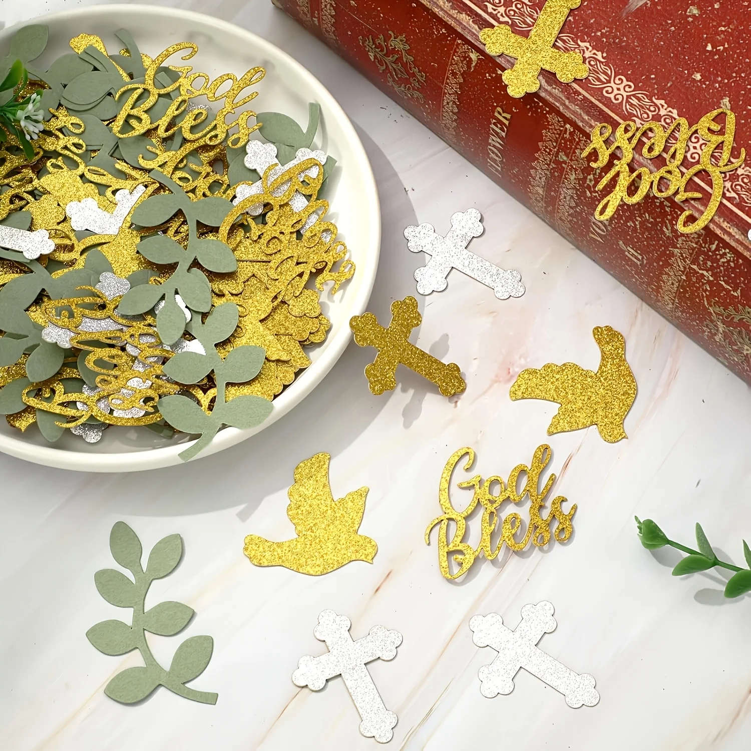 100 Stück glänzendes Glitzer-Konfetti mit Kreuz und Taube, geeignet für Hochzeiten, Geburtstage, Taufen, religiöse Veranstaltungen – elegante Partydekoration – Detail 4