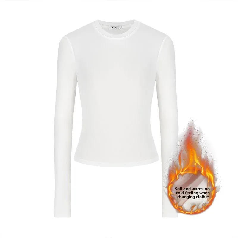 قميص نسائي دافئ مبطن بالصوف بأكمام طويلة ورقبة مستديرة قميص نسائي للخريف والشتاء بقصة ضيقة مخملية متكاملة عالية المرونة كاجوال...