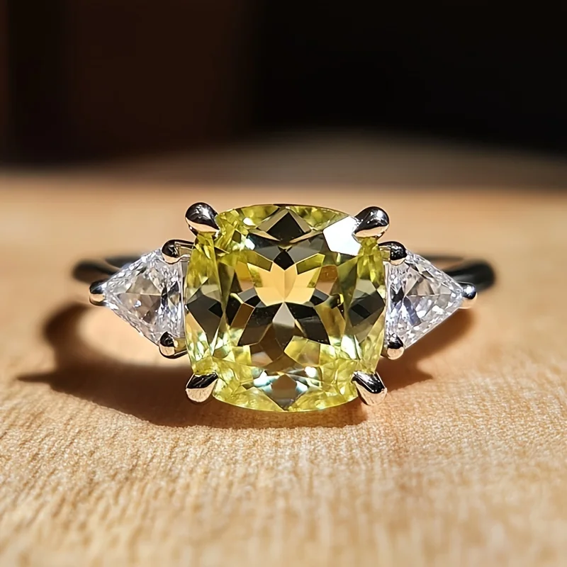 SGARIT Fine Jewelry 925 Sterling Silver Cushion Cut Natural Lemon Quartz Ring for Women Birthstone Gift Elegant Crystal Jewelry