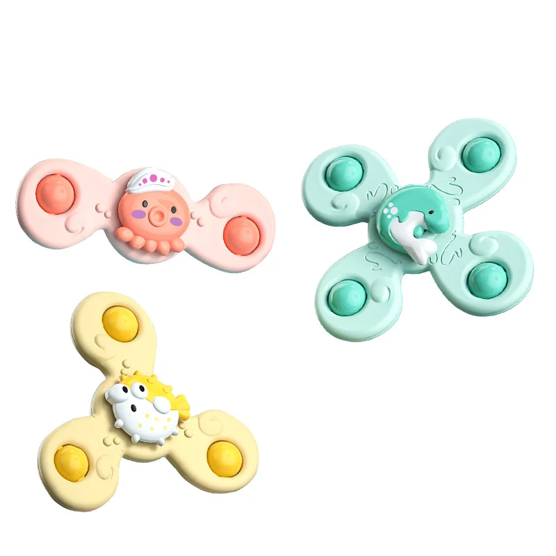 3pcs Child's Bathroom Bath Toys Fingertip Fun Spinning Top Cartoon Animal Rotating Sucker Bath Swim Fidget Toys Baby Rattle Gift