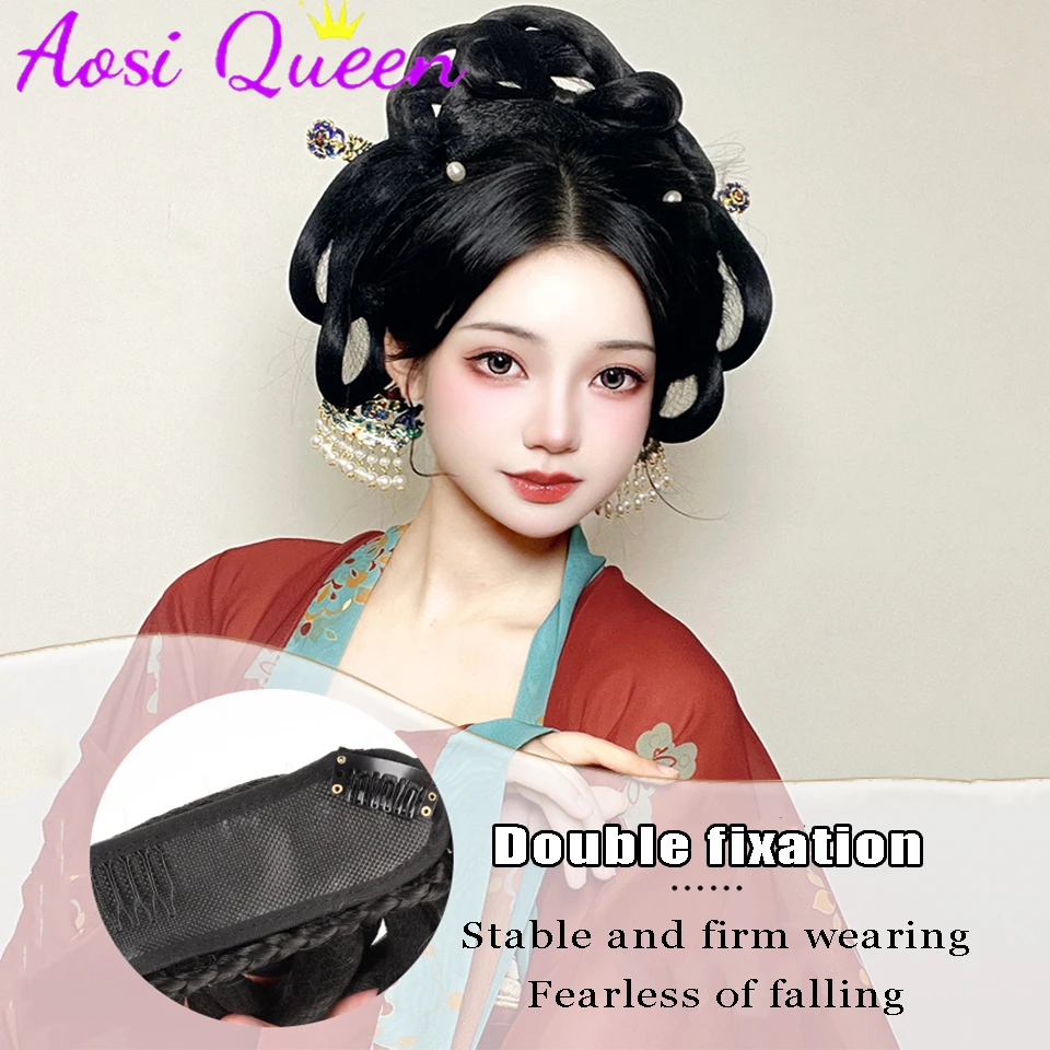 AOSI-Perruque synthétique avec bandeau de sauna Hanfu, chignon avec nœud antique, style costume de la dynastie Ming, novice, 03 chansons