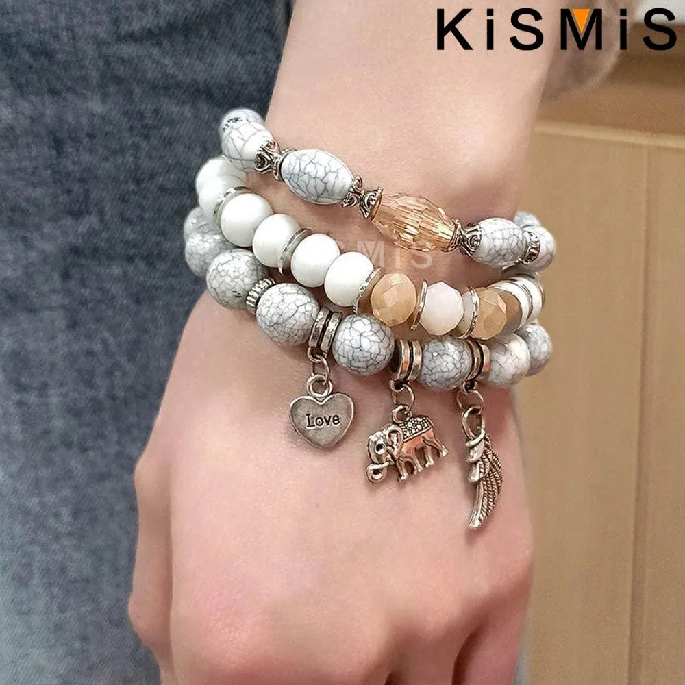 KISMIS 3Pcs/Set Boho Stretch Bead Bracelet Set Layered Elephant Love Heart Charm Bracelets Stackable Wing Bangle Jewelry