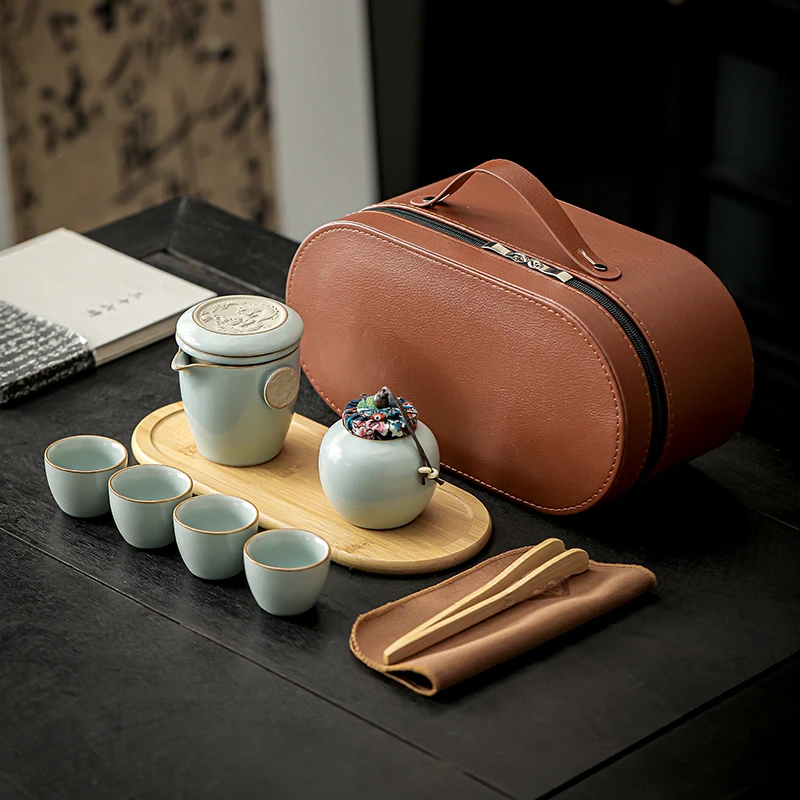 

Portable Travel Tea Set Cerc One Pot Four Cups Tea Pot Qui Guest Cup Tea Tray Tea Le Can Convenient Outdoor Diningware