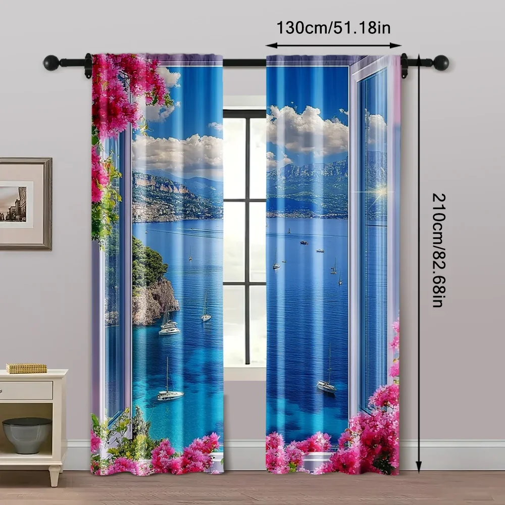 

2pcs, Print Curtains Sea View Machine Washable Fabric (without rod) Versatile All Perfect for Room, Kitchen, Study, Bedroom,