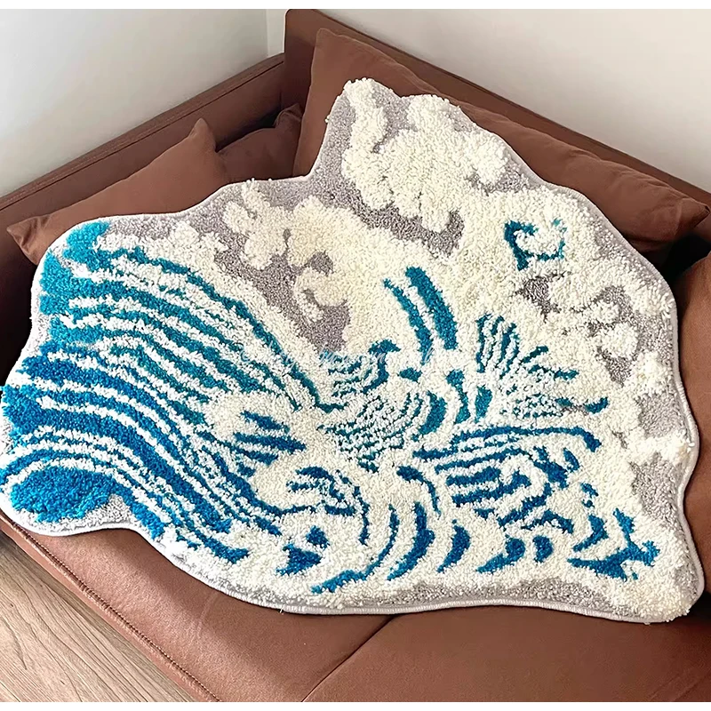 GUVINCI Blue Wave Ocean Rug Aesthetic Tufting Antislip Carpet 60x80cm Sea Beach Doormat Mini Bathroom Mat With Coastal Design