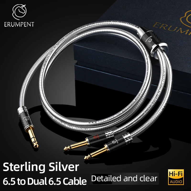 ERUMPENT Sterling Silver 6.35mm TRS to Dual 1/4 Inch 6.35 TS Male Y Splitter Audio Cable for Guitar Speaker Mixer