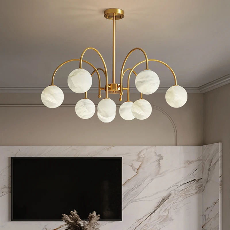 Nordic Light Luxury Villa Living Room Marble Chandelier Modern Simple Bedroom Loft Foyer Brass Alabaster Ball Pendant Light