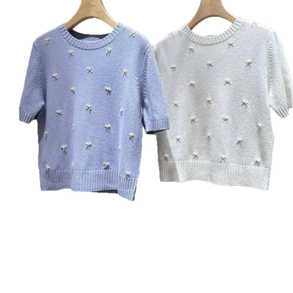 

Women's round neck knitted sweater with rivet pearl bowknot elegant top for office ladies