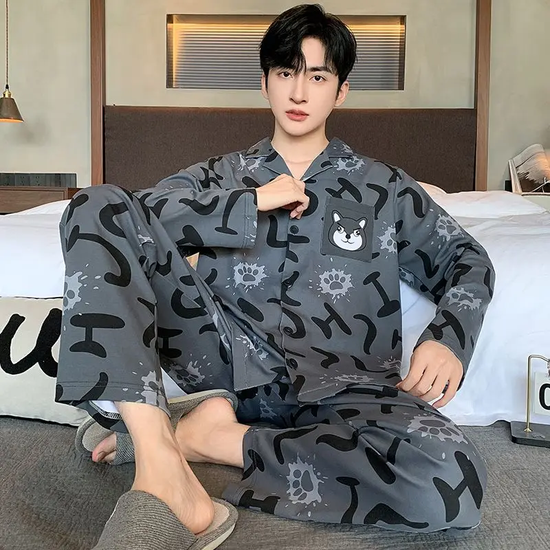 Pajamas Set of Men  Nightgowns  Long-Sleeved Cardigan Cartoon Dog Sleepwear Homewear Students Two-Piece Nightwear Loungewear