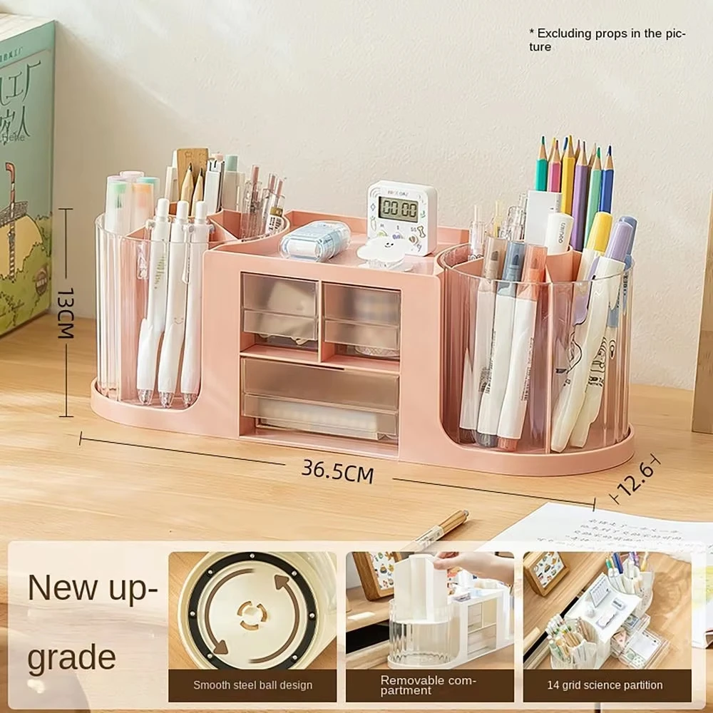 Large Capacity Desktop Organizer 360 Rotatable Pen Holder Stationery Storage Caddy with Drawers for Student Study Room Desk