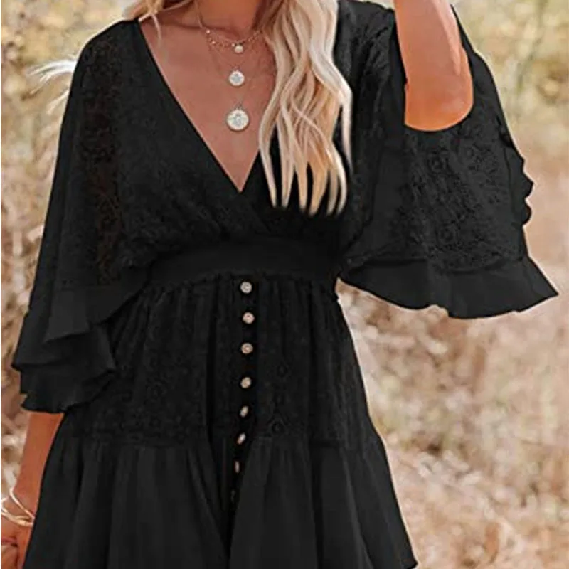 Boho Women's Summer Lace Mini Dress Sexy Backless Deep V Neck Bikini Cover-Ups Beach Sundress Casual Half Sleeves Short Dresses