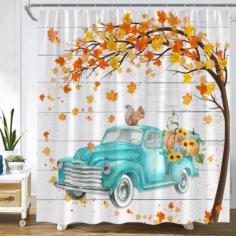 Autumn Farm Pumpkin Truck Shower Curtains Maple Leaves Tree Sunflower Squirrel Cat Harvest Bath Curtain Cloth Bathroom Decor Set