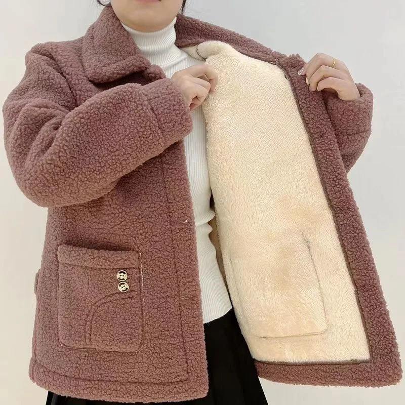 2024 New Fashion Plus Fleece Thickened Double Buckle Lamb Fur Mother Outfit Long Coat Imitation Fur Warm Coat Women