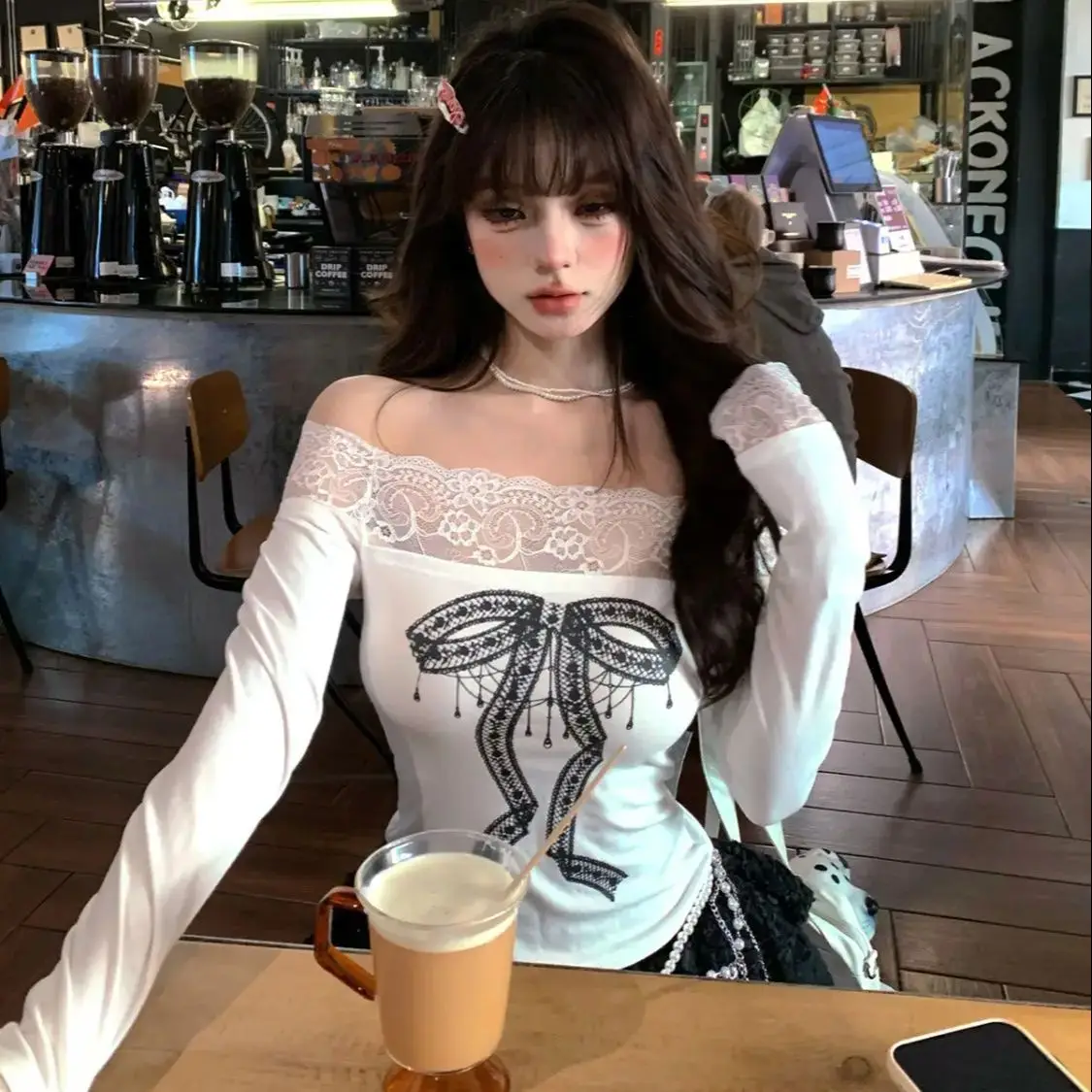 

American Off-Shoulder Sweet T-Shirt Hot Girls Pure Lust Style Lace Autumn Winter Long-Sleeved Design Slimming Waist Top