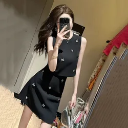 Elegant Skirt 2 Piece Outfits Women Simple Black Diamond Flowers Vest Tank Short Crop Tops+Long / Short Skirt Sets Party Clothes