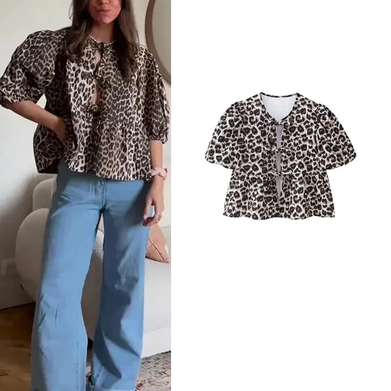 

Spring New Faion Women's irt Knot Bubble Sve round Ne ort Sve Leopard Print Top Polyester Fiber