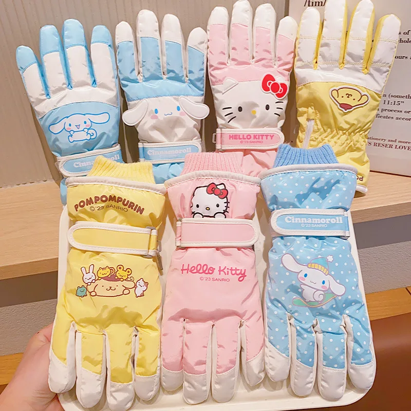 

New Hello Kitty Children's Ski Gloves Kuromi Waterproof and Non-Slip Fall and Winter Thickened Padded Warm Cartoon for 6-12 year