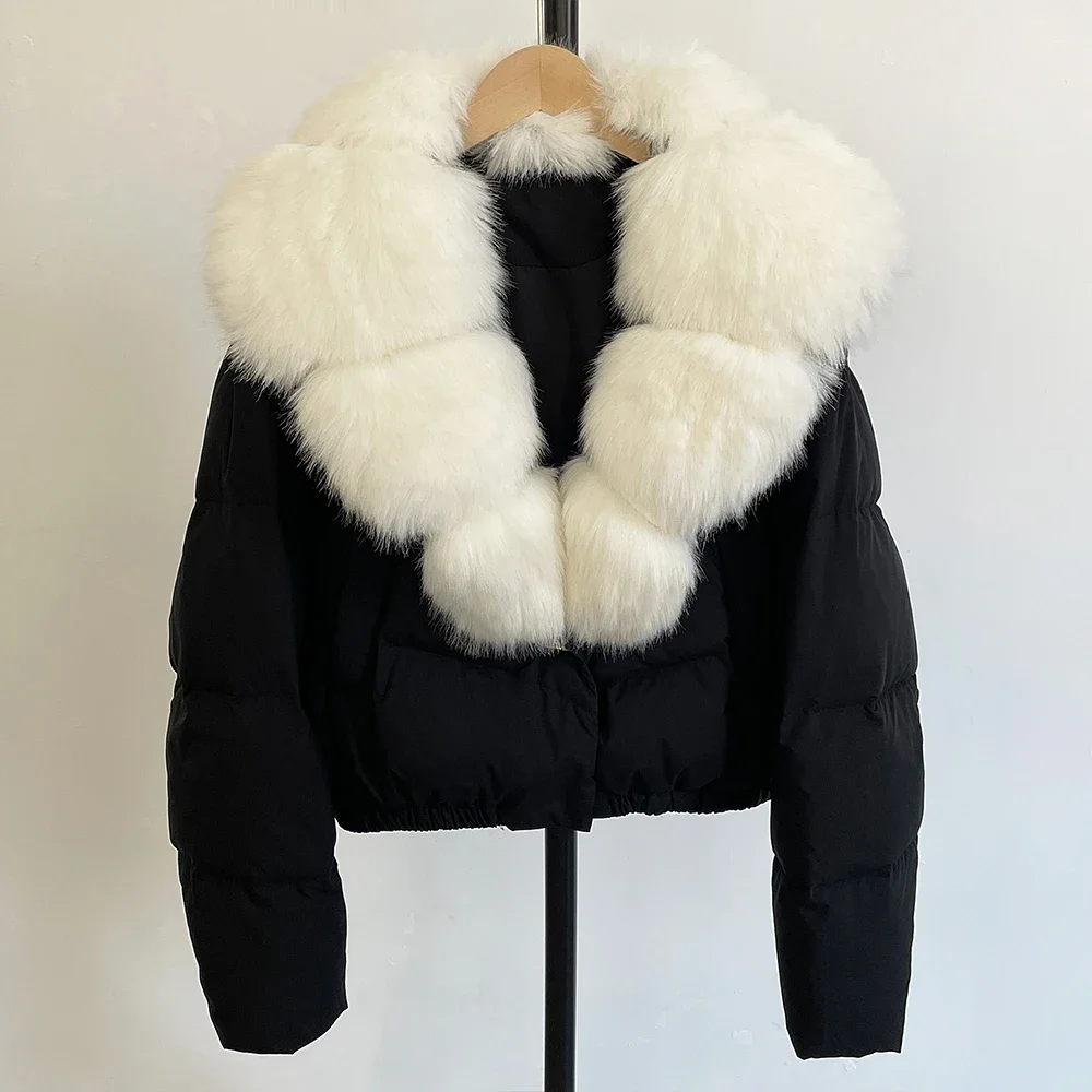 CXFS 2025 Jaket Puffer Baru Jaket Kerah Bulu Palsu Kerah Dapat Dilepas Pendek Musim Dingin Wanita Mantel Bulu Angsa Putih Tebal Wanita
