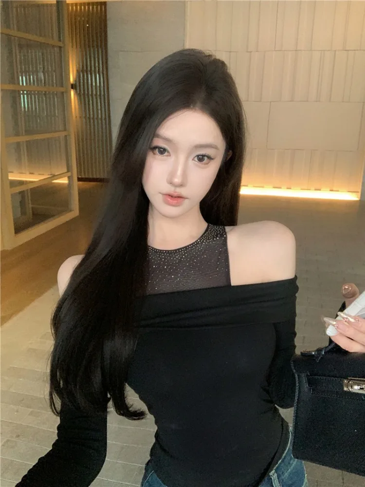 

Korean Style Sweet Lace off Shoulder Knitted Sweater Women Slim Fit Show Thin Base Shirt Spring Commute Fashion Pear Body Type