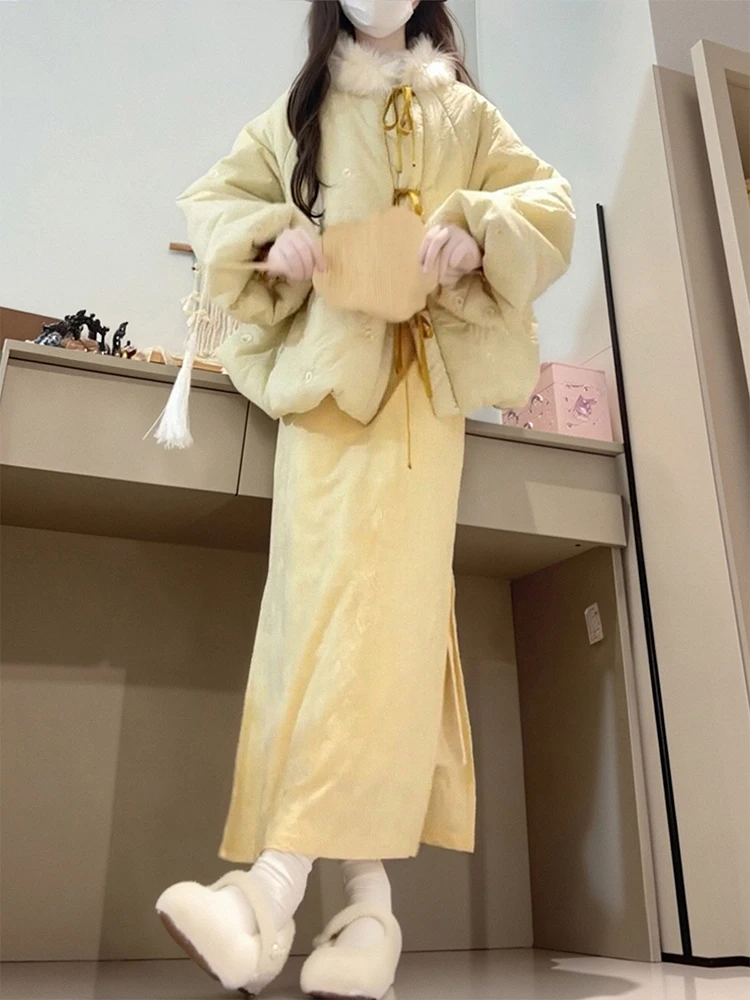 새로운 중국 스타일 겨울 패션 세트, 자수 면 재킷 치파오 드레스 투피스 수트, 따뜻한 플루드 디자인