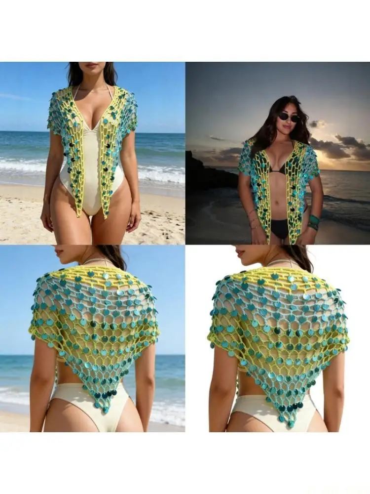 M5TC See Through Crochet Beach Shawl Hollow Knitted Sequins Belly Dance Hip Scarf