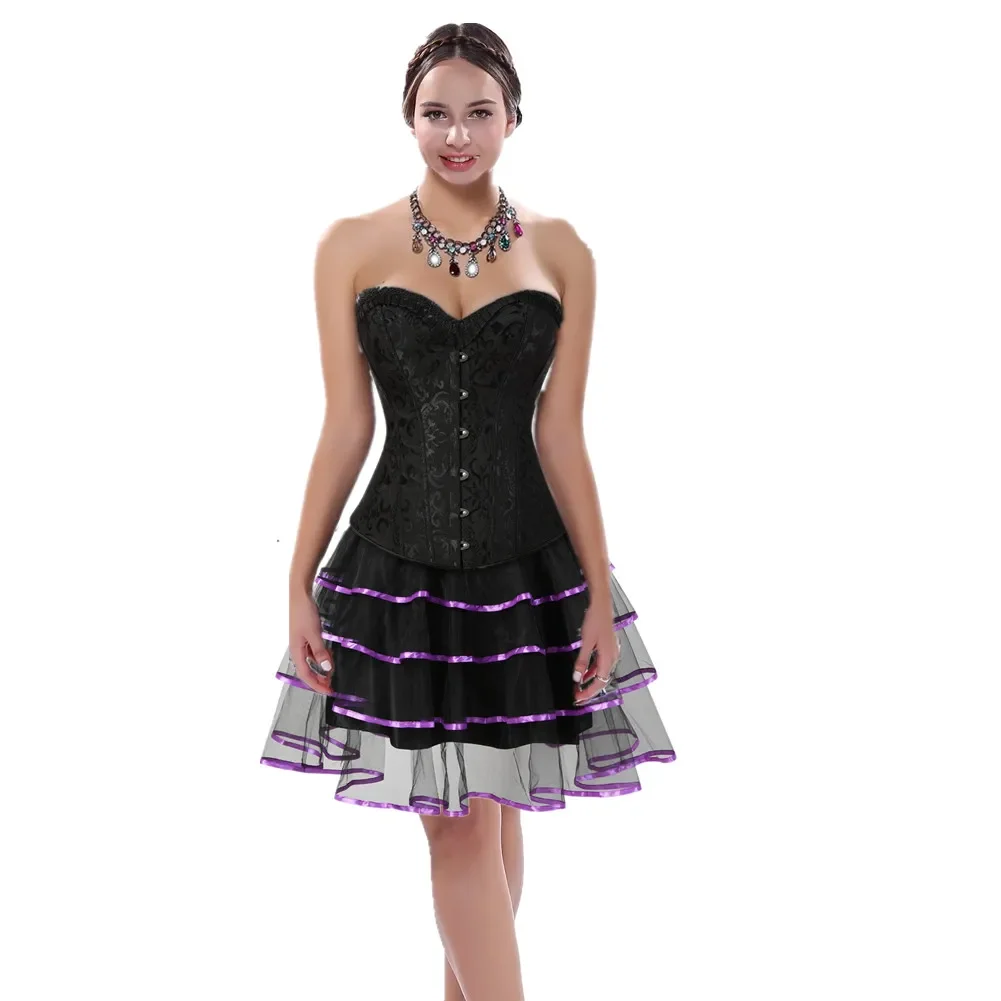 

Women Sexy Satin Floral Lace Up Boned Overbust Corset Bustier Top Gothic Lingerie Mini Skirt Plus Size Party Costumes