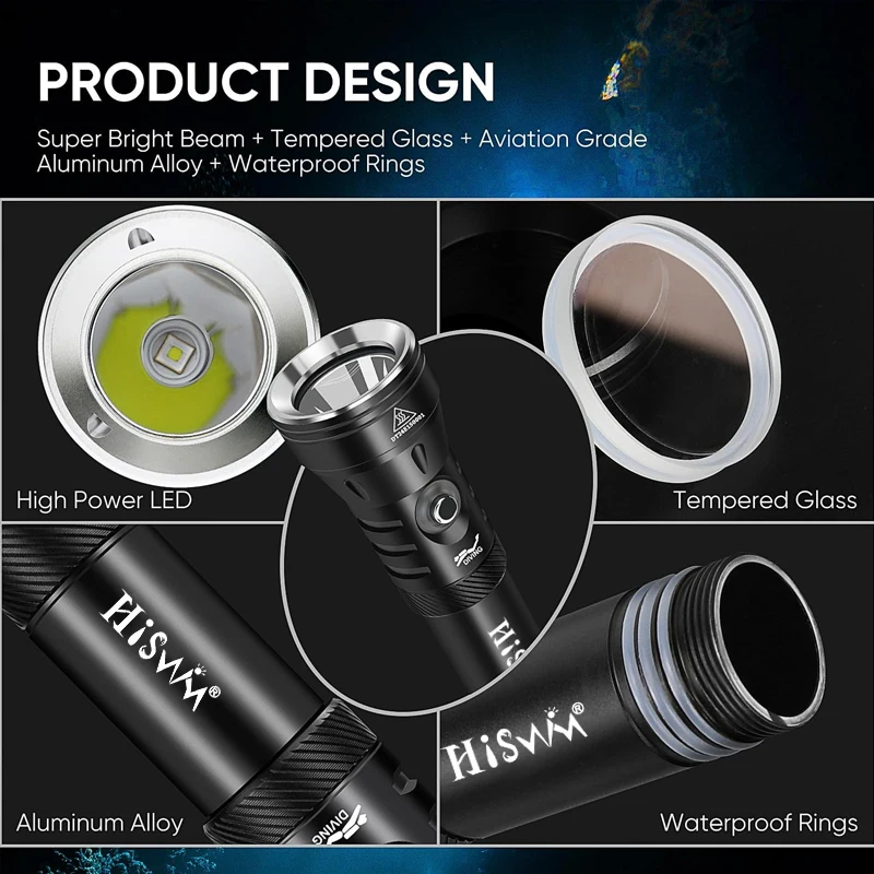 HISWN D260 Torcia subacquea professionale Super Bright 2000LM IPX8 Subacquea impermeabile 100M Adatta per immersioni subacquee