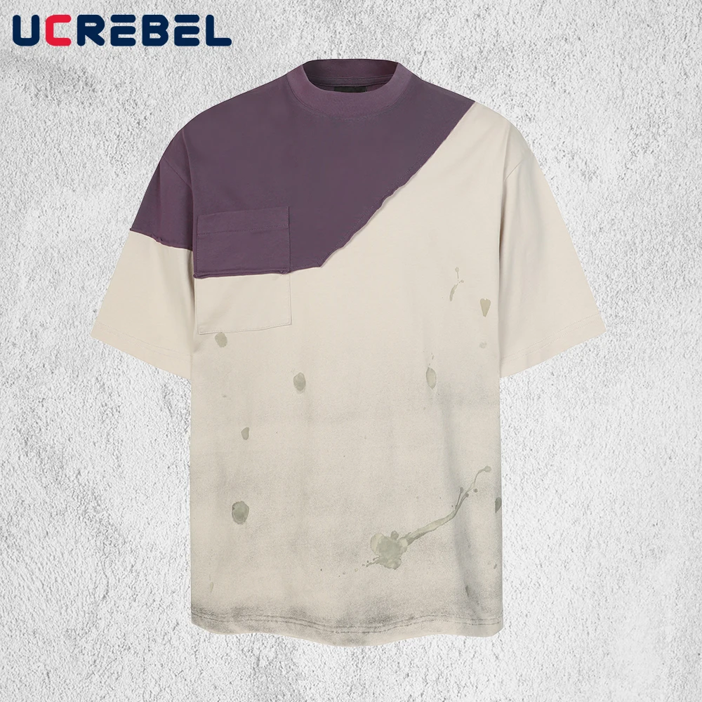 Camiseta de Manga Corta con Bolsillo y Diseño de Parches para Hombre, Estilo Splash Ink, Desgastada, Cuello Redondo, Media Manga, Algodón, Verano, Estilo Urbano