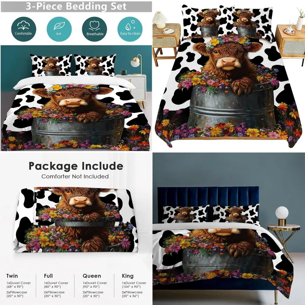 

Cozy Highland Cow Duvet Set - Twin to King Sizes, Soft Bedding with Pillowcases for All Ages