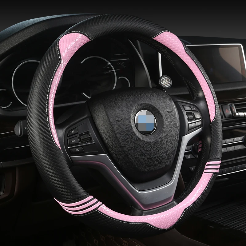 Steering Wheel Cover for Girl 38 CM Car Styling Carbon fiber Leather Steering Wheel Cover for Women Cute Car Accessories