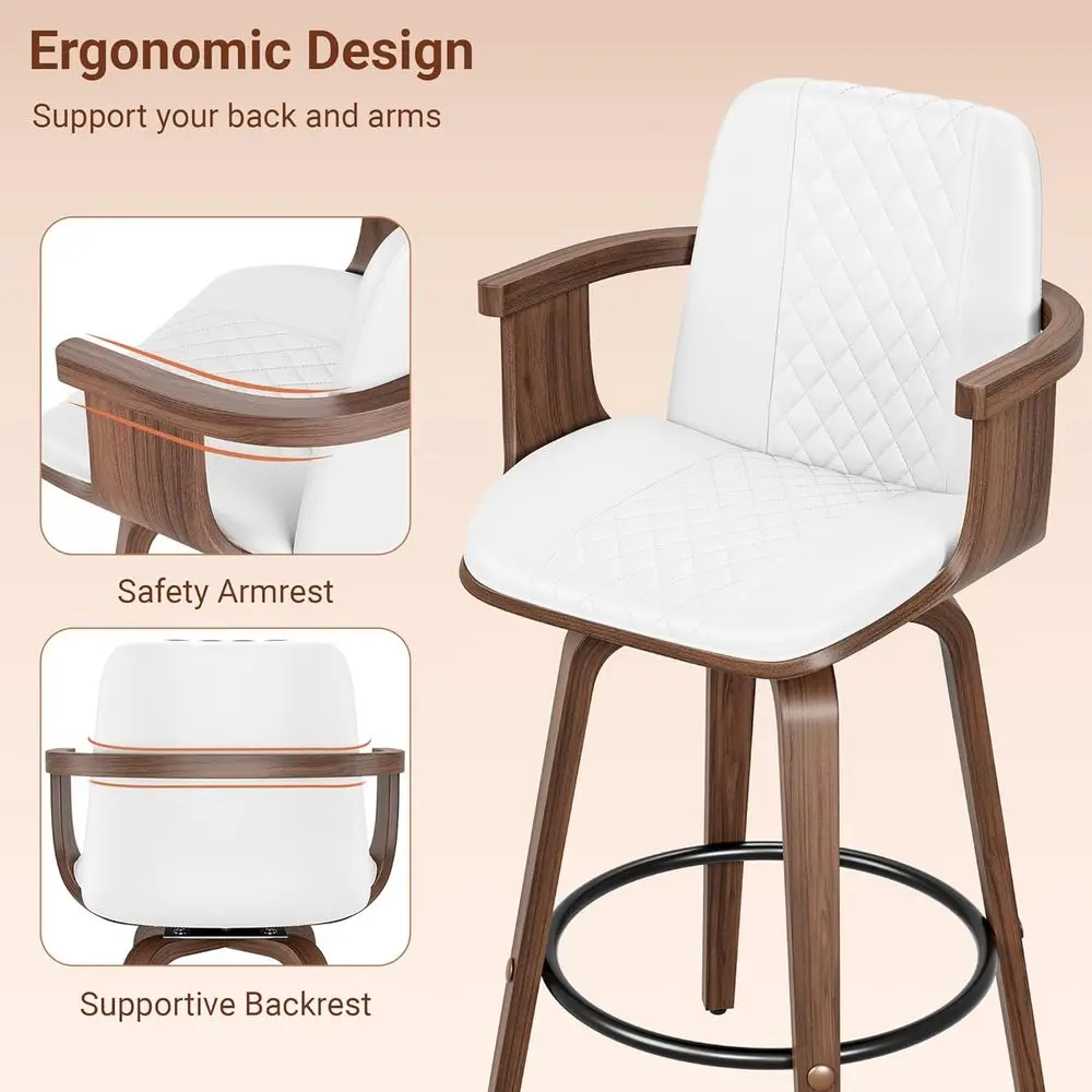 زوج من 26 مقعدًا دوارًا من جلد البولي يوريثان بأذرع، باللون الأبيض، لطاولة المطبخ الحديثة أو الجزيرة