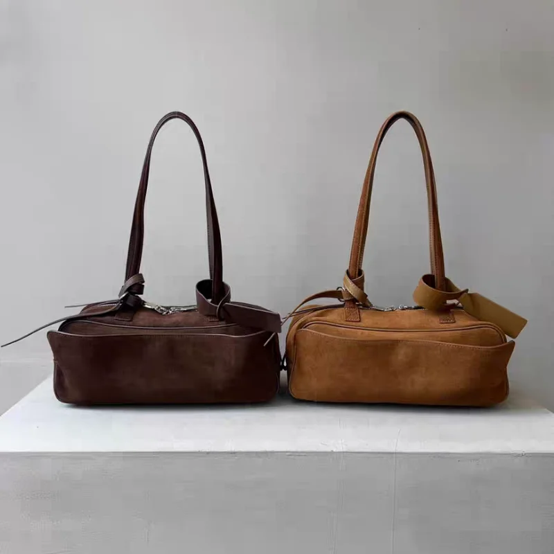 

Брендовая замшевая ручная сумка-подушка, женская модная сумка Boston, пригородная сумка подмышками, сумка для боулинга на молнии, съемная бирка для багажа