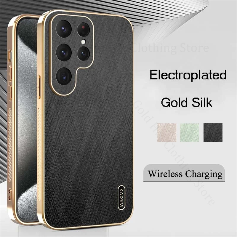 

For Samsung S25 Ultra 5G Gold Silk Texture Leather Phone Case For Galaxy S24 FE S23 Ultra S22 Plus 6D Plating Bumper Back Cover