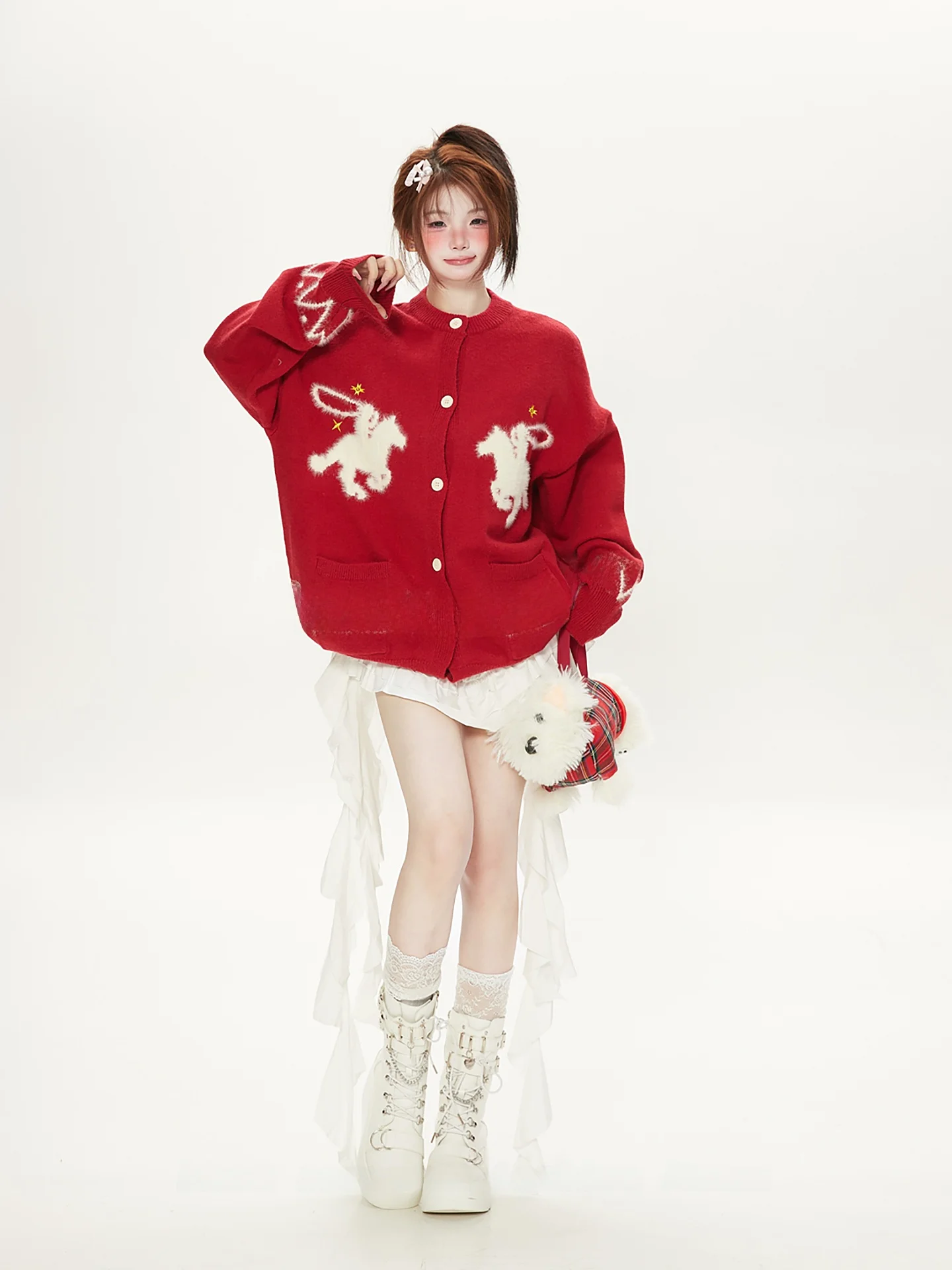 

American Sle Lazy Fair Isle Red Knitted Sweater Women's Autumn Winter Warm Korean Sle Soft Cozy Knitted Top