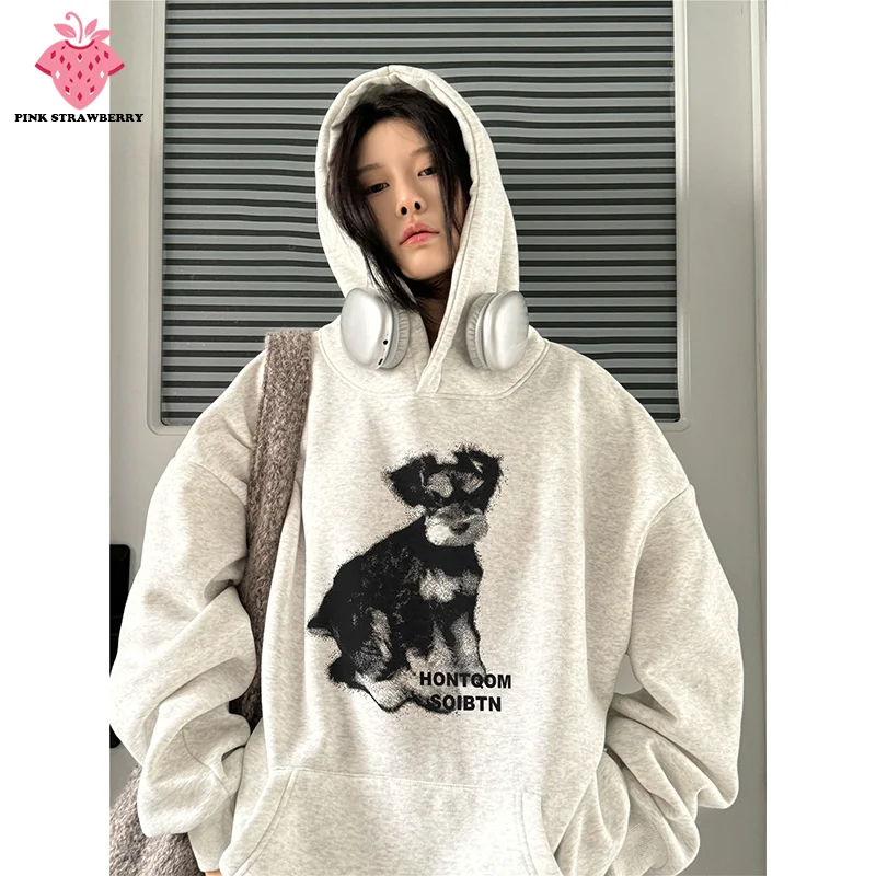 

Retro Puppy Print hoodie Women 2025 Autumn Winter New Oversize Casual Fitting Pullover Y2K Top Plush Sweatshirt Female clothing