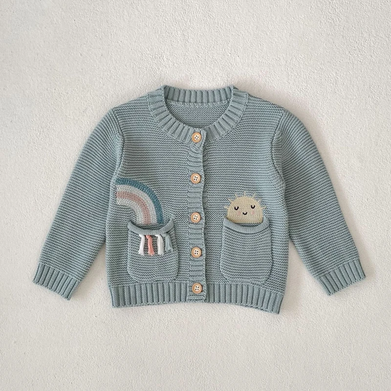 Autumn new 0-3 year old baby clothing for boys and girls, rainbow embroidered round neck cardigan, cute double pocket jacket