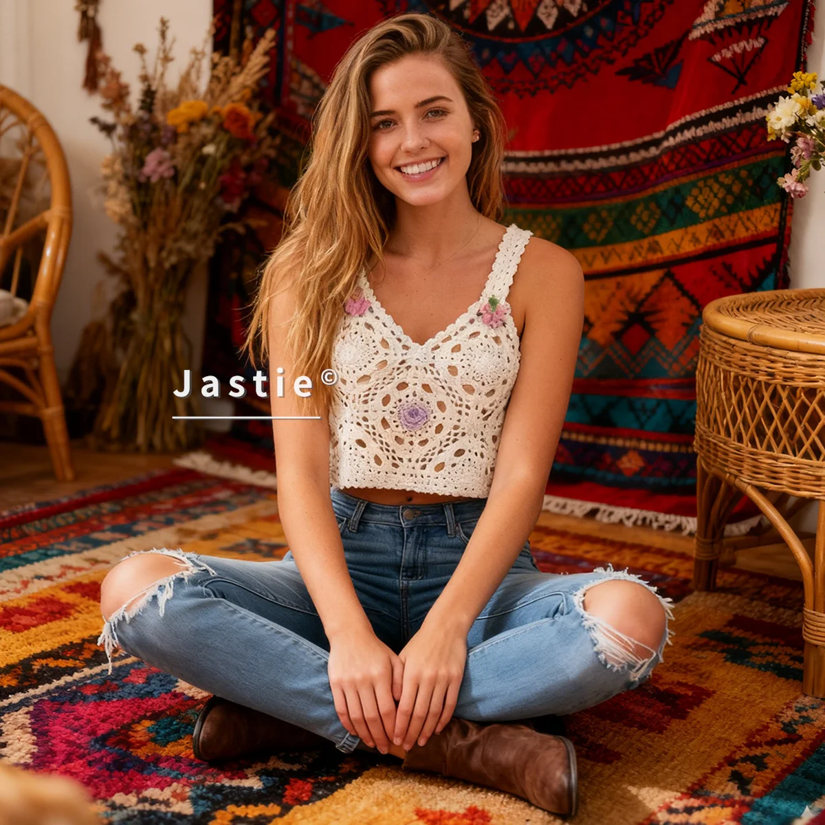 

Женская белая вязаная крючком майка с v-образным вырезом в стиле бохо, розовая бабочка и фиолетовая роза, ажурная вязка, милый повседневный летний пляжный топ