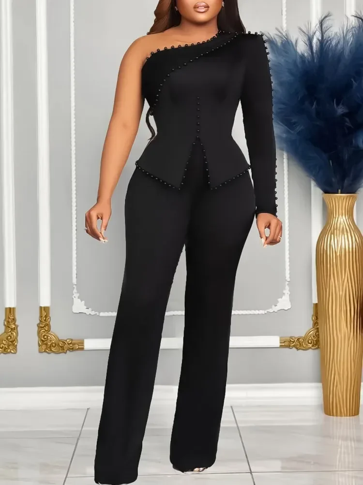 2 قطعة مجموعة الملابس الأفريقية للنساء كتف واحد بلايز واسعة الساق بانت الدعاوى ربيع جديد الصلبة فضفاض ملابس أفريقيا غير رسمية مجموعات