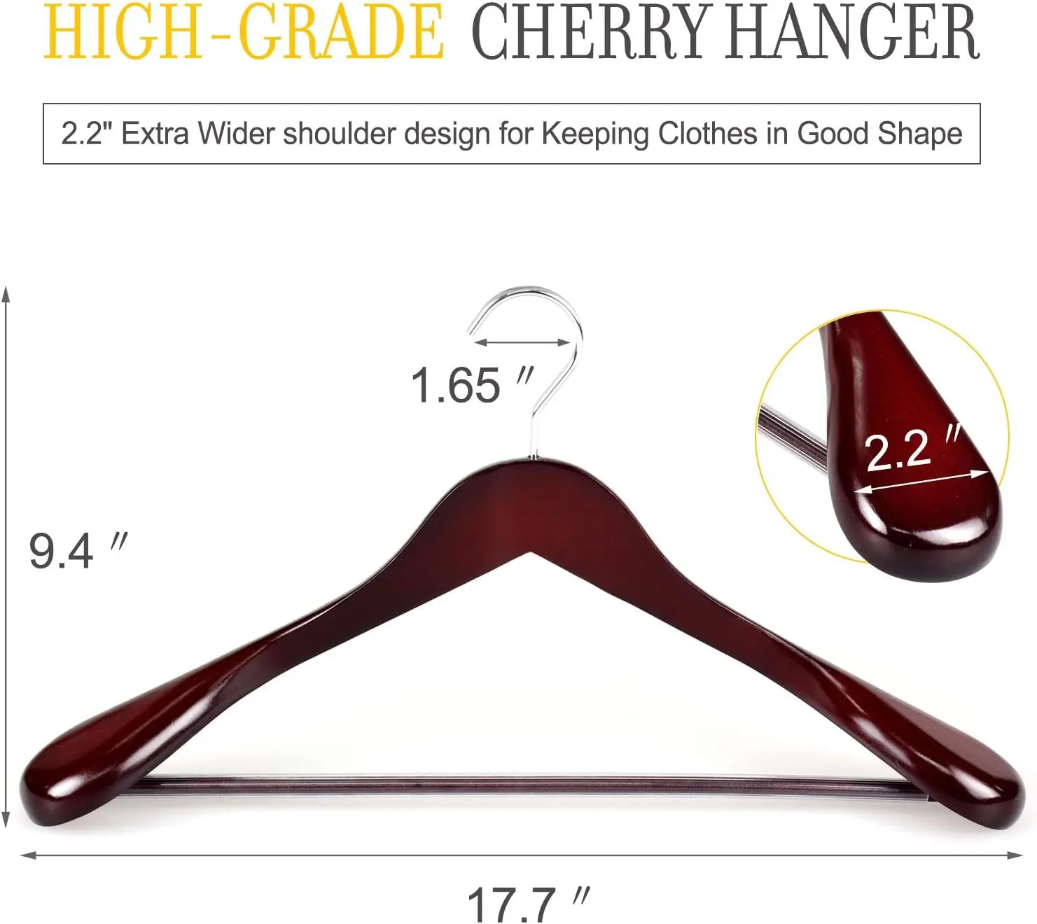 Zestaw 6 luksusowych drewnianych wieszaków mahoniowych, drewnianych wieszaków garniturowych Premium, błyszczące wykończenie z bardzo szerokim ramieniem