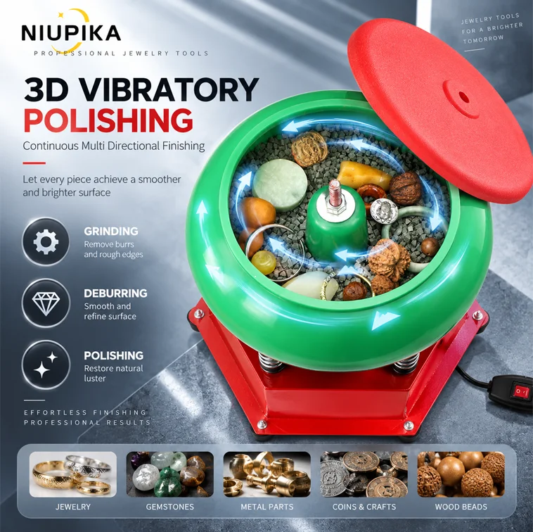 NIUPIKA 3 5L 90W Vibratory Tumbler Jewelry Polishing Machine Deburring Grinder Metal Finisher Rings Gemstones Coin DIY 110V 220V