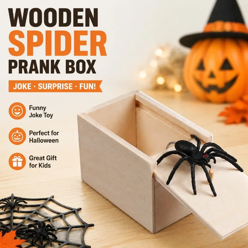 

Surprise Prank Toy Scare Box Funny Joking Wooden Case with Hidden Spider Terrifying Trick Gag Prop for Party April Fool's Day