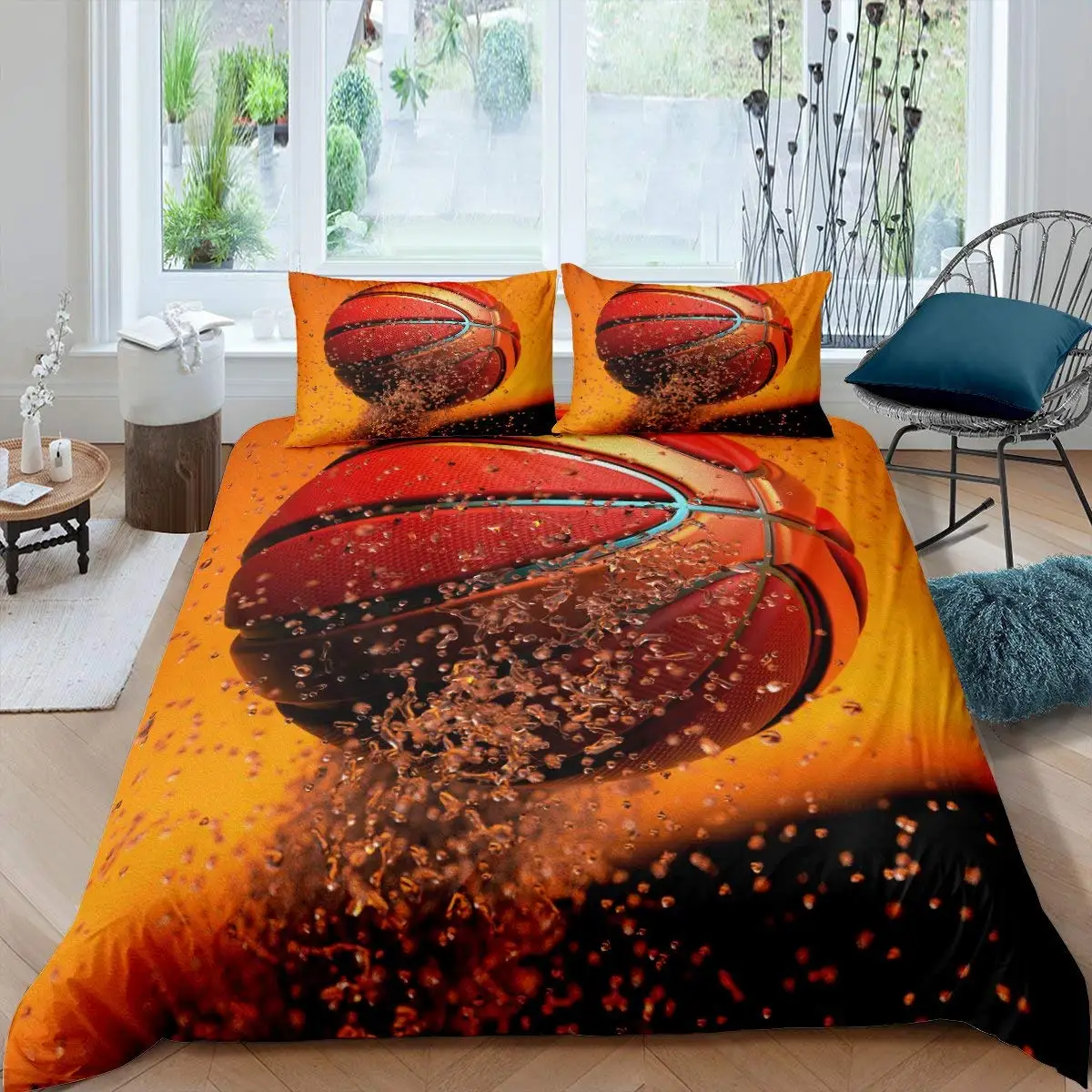 

Basketball Duvet Cover Set Black 3D Ball Sports Theme Bedding Set Microfiber Basketball Court Competitive Games King Quilt Cover