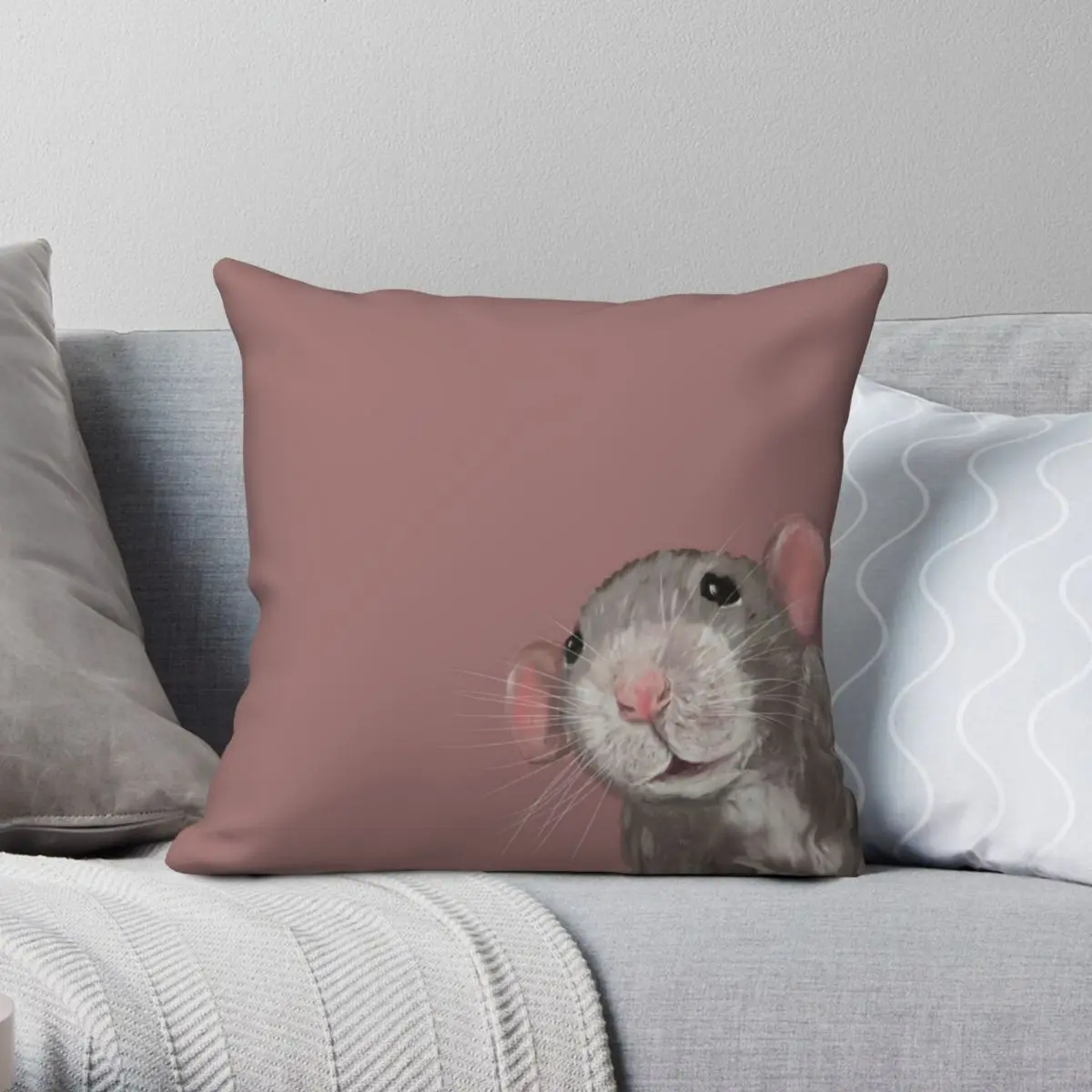 

The Peeking Rat Pink Square Pillowcase Polyester Linen Velvet Pattern Zip Decorative Throw Pillow Case Room Cushion Cover