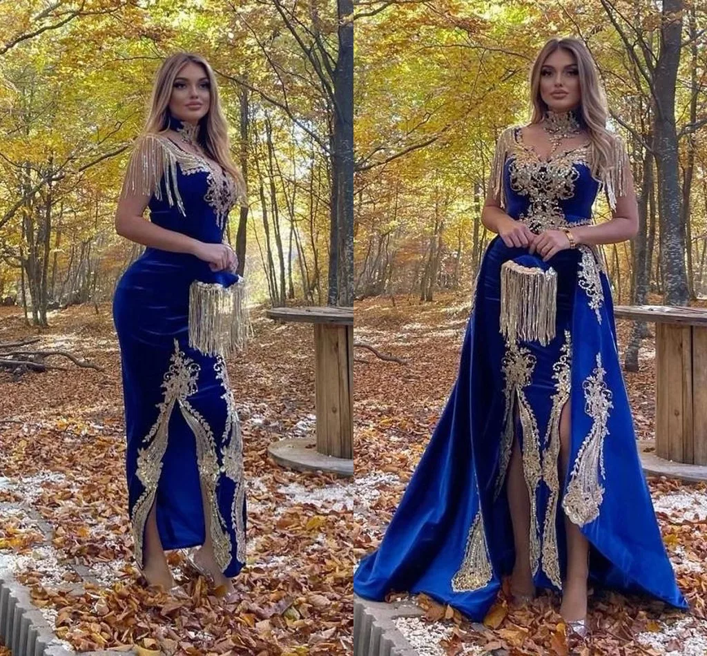 Karakou Algerien Arabic Evening Dresses Dubai royal blue Velvet High Split Caftan Prom Gowns Kaftan Mermaid Embroidery