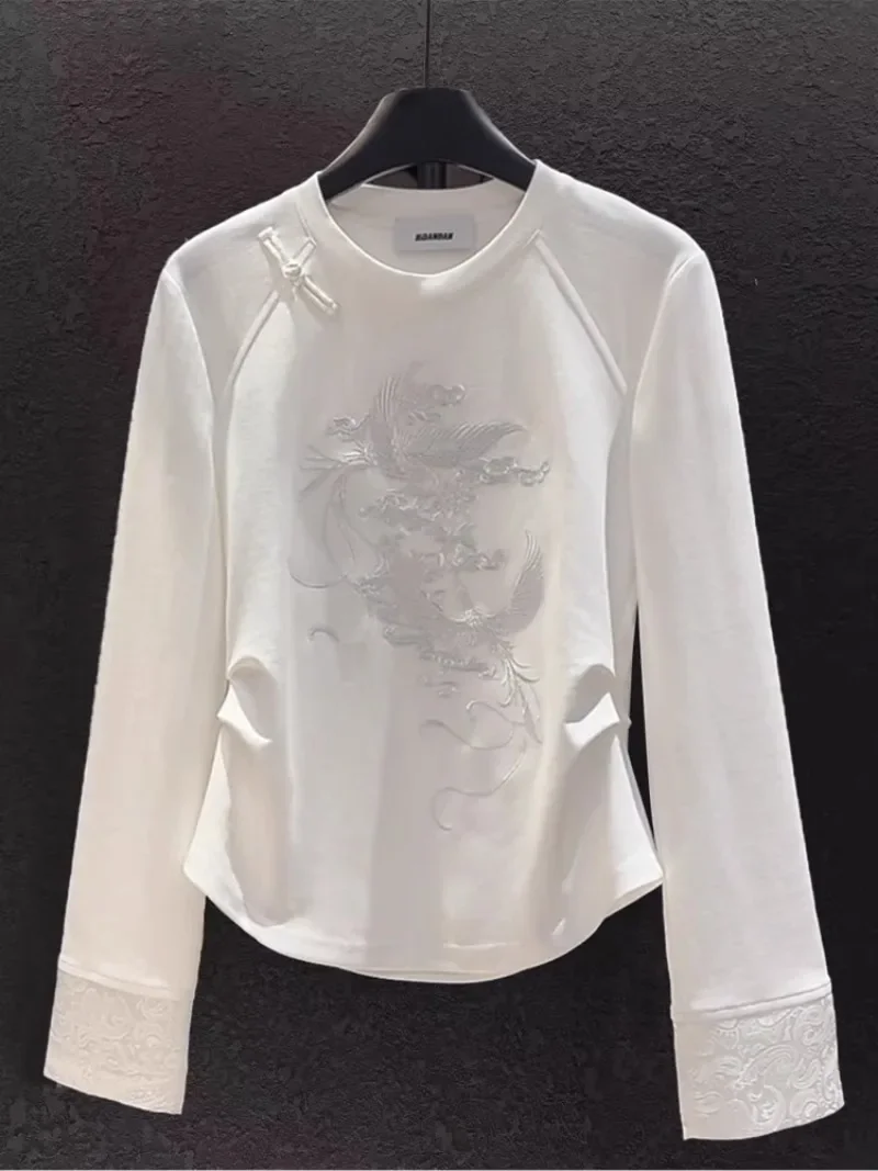 

Miiiix Pure Cotton 2024 Spring Top with New Chinese Style Embroidered Slimming Long Sleeved Women's T-shirt Female Clothing