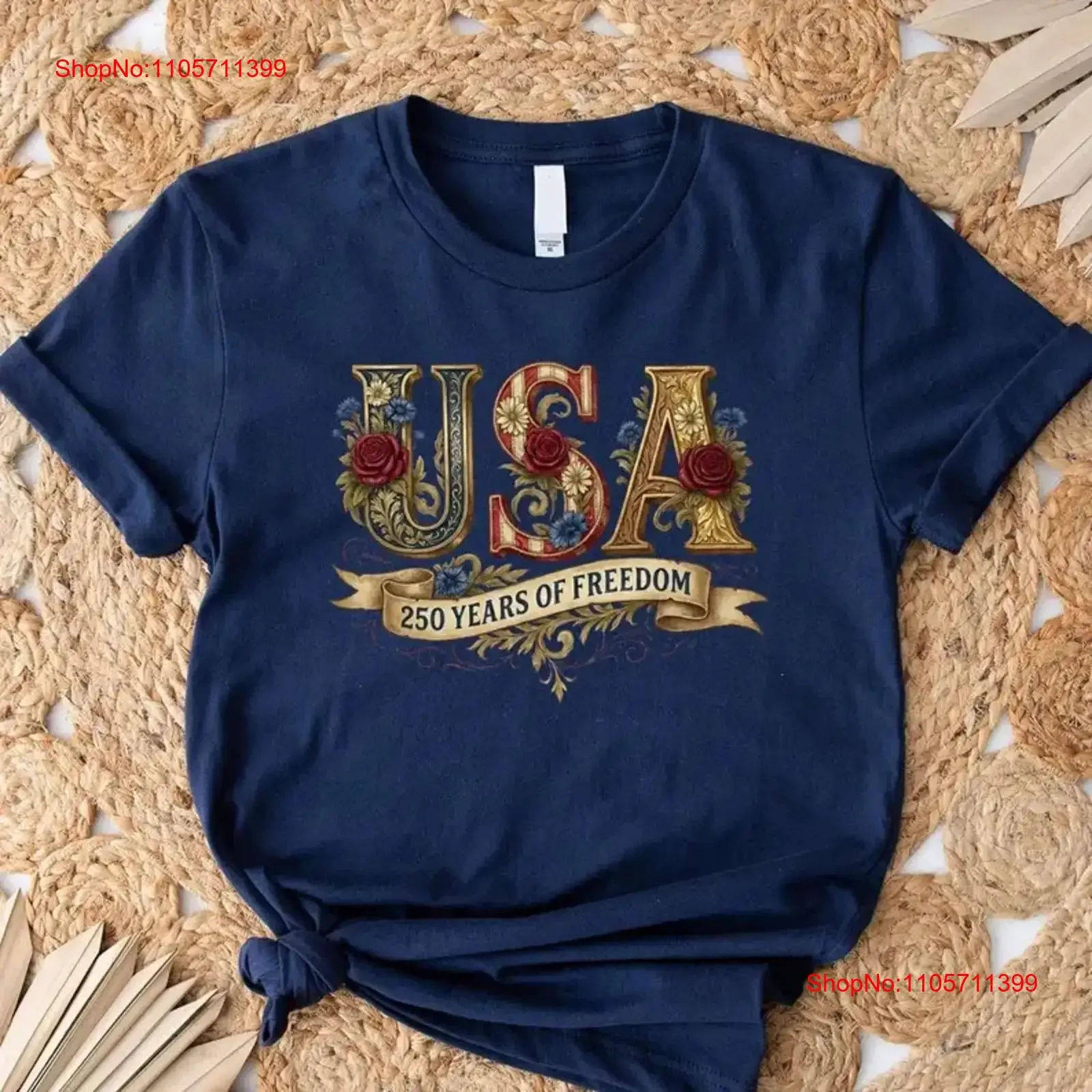 Retro USA 250 T Shirt Floral Patriotic Independence Day Celebration long or short sleeves vintage Washed Breathable fashion